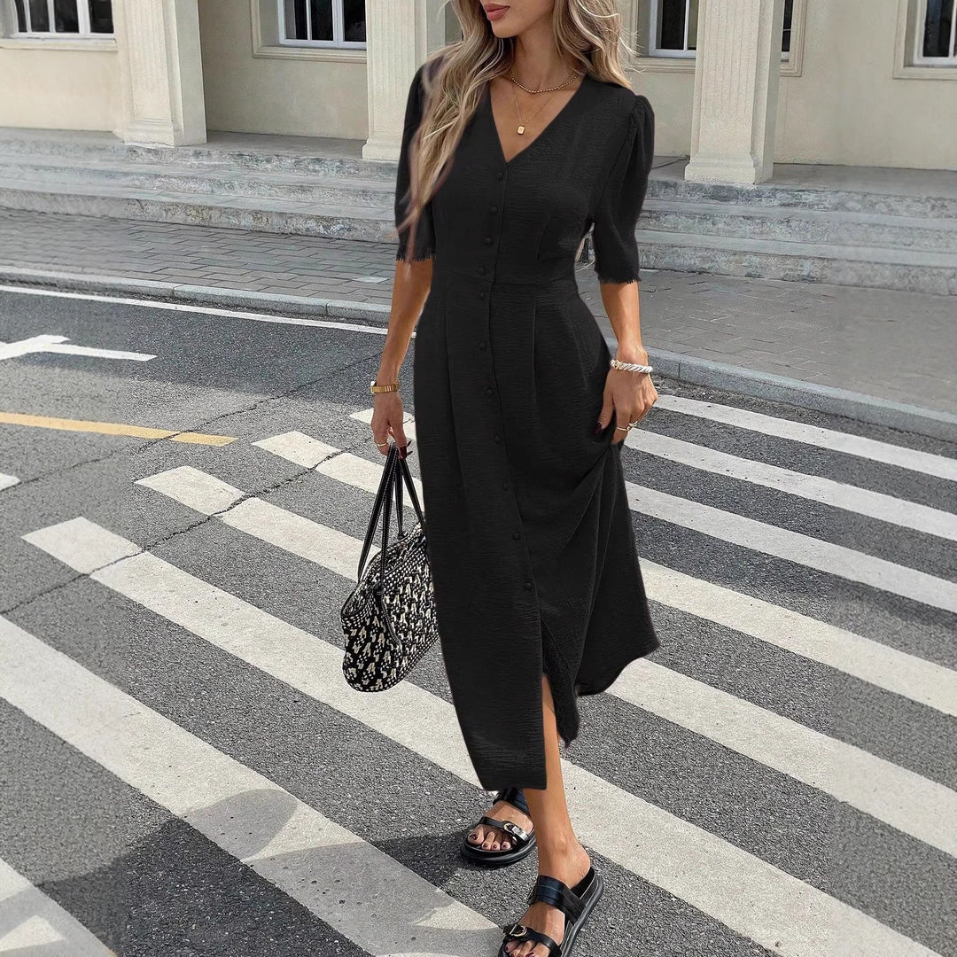 Damen Midi-Kleid mit Knopfdetails und femininen Puffärmeln Echo Archiv
