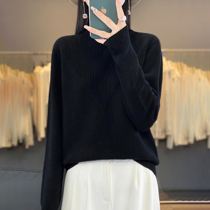 Damen Lockerer Mohair‑Blend Pullover mit strukturierter V‑Paneel und Stehkragen Echoarchiv