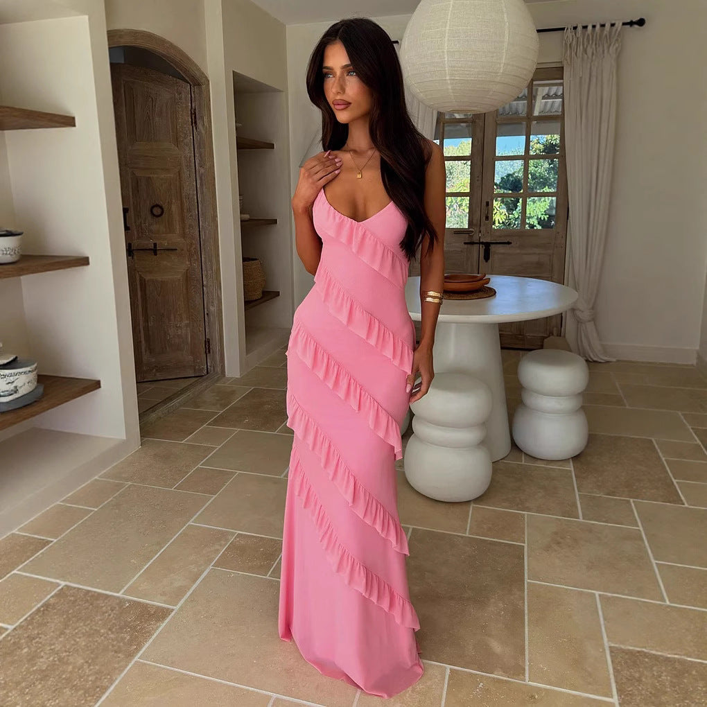 Damen Maxikleid mit Rüschendesign und Spaghettiträgern Echo Archiv