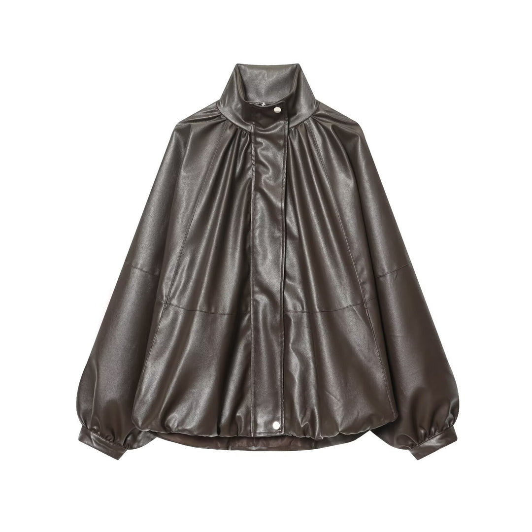 Damen Kunstlederjacke mit voluminösen Ärmeln und gewelltem Design Echo Archiv
