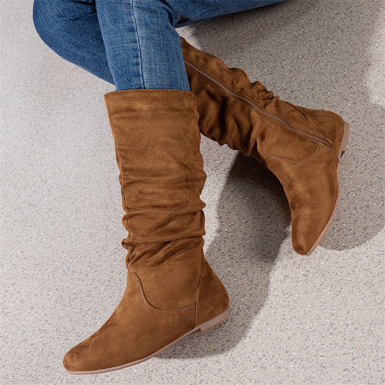 Damen Slouch-Stiefel mit flachem Absatz, seitlichem Reißverschluss und weichem Velours – Lioré