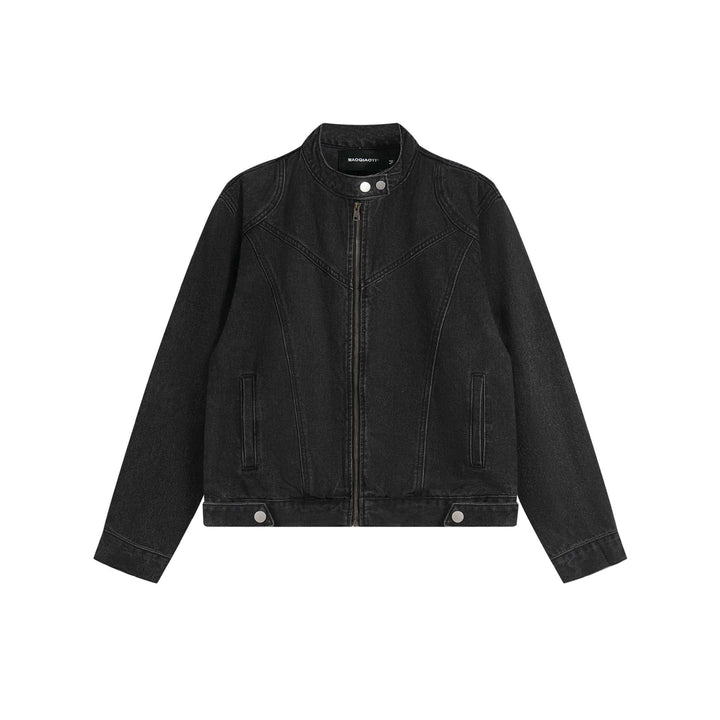 Unisex Kurz geschnittene Denim-Blousonjacke mit Stehkragen und durchgehendem Reißverschluss Echoarchiv