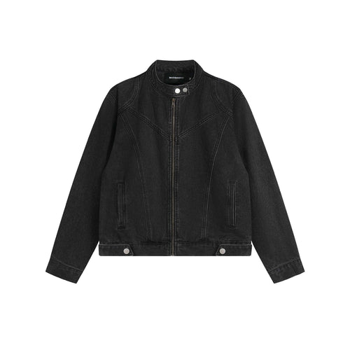 Unisex Kurz geschnittene Denim-Blousonjacke mit Stehkragen und durchgehendem Reißverschluss Echoarchiv