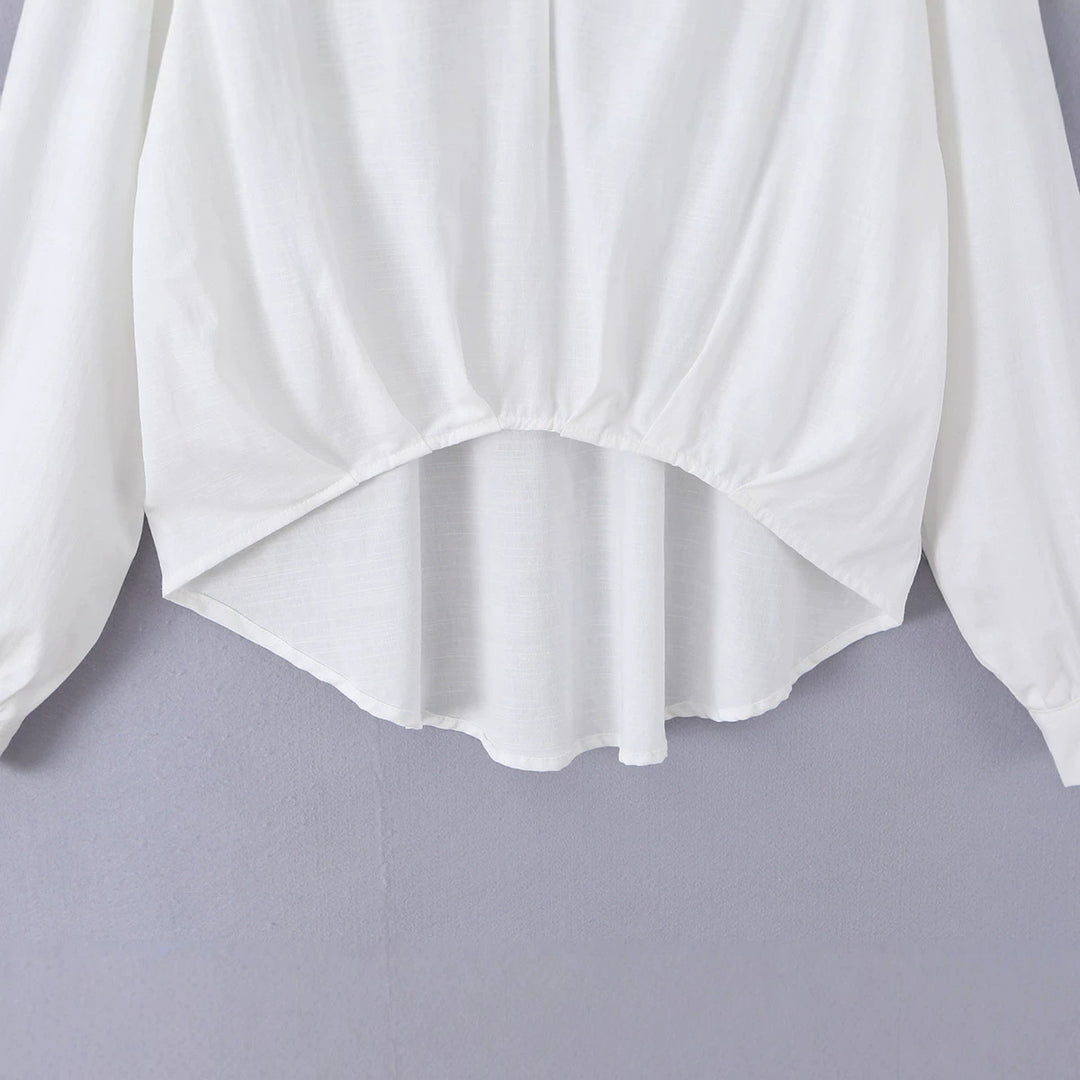 Damen lockere Baumwollbluse mit V-Ausschnitt, Hemdkragen und gerafftem Zipfelsaum – Élovi