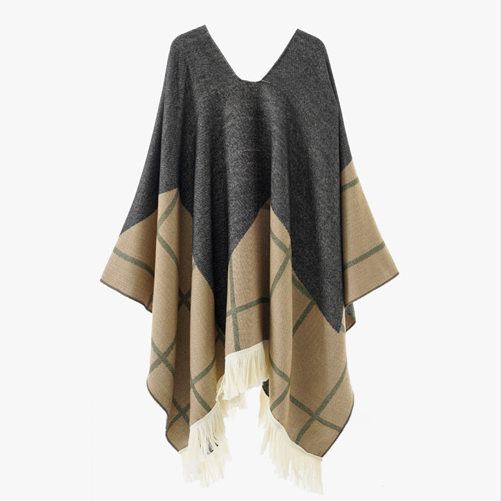 Damen Ornamentaler Jacquard‑Poncho mit V‑Ausschnitt und Fransensaum Echo Archiv