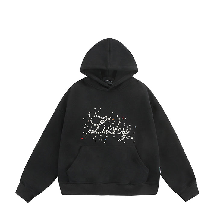 Unisex Oversize Kapuzenpullover mit Perlen‑ und Strassapplikation Echoarchiv