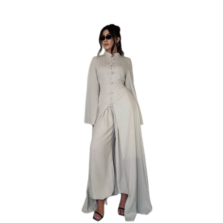 Damen Maxikleid mit Stehkragen, Mandarin-Knopfleiste und drapierter Rockpartie Echoarchiv