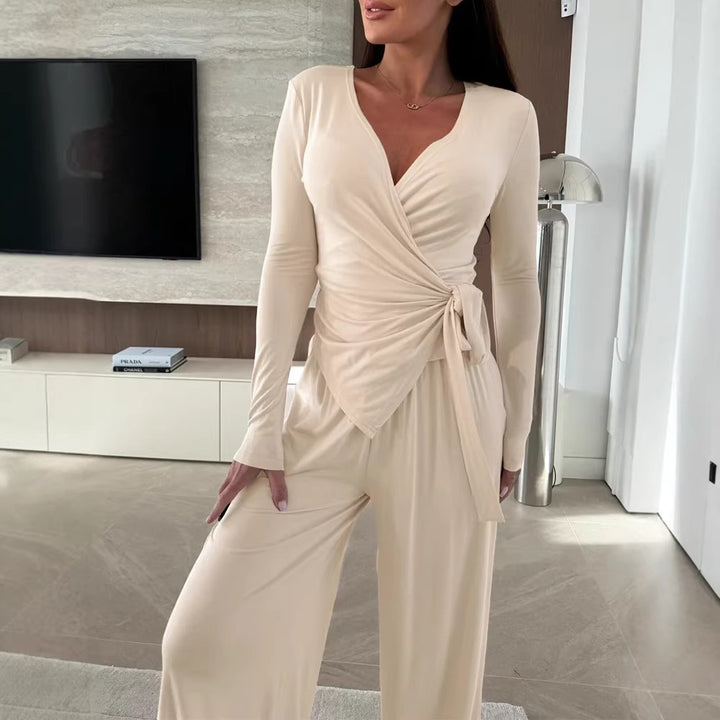 Damen Wickel-Jersey-Maxikleid mit V-Ausschnitt, Taillenband und weitem Palazzo-Rock – Valéora