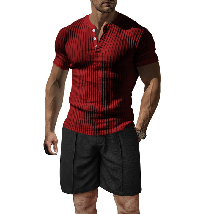 Herren modernes Kurzarm-Henley-T-Shirt mit geripptem Design Echoarchiv