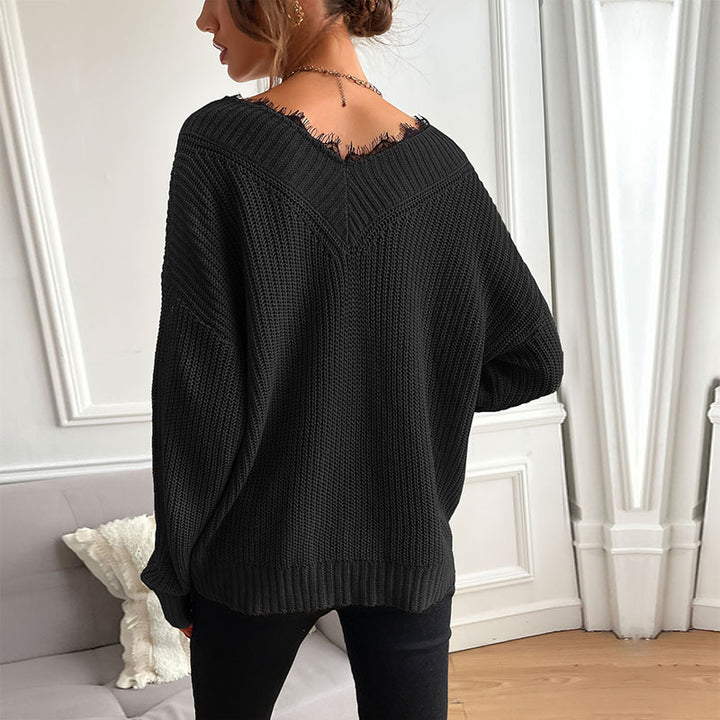Damen Eleganter Strickpullover mit V-Ausschnitt und großem Muster Echo Archiv