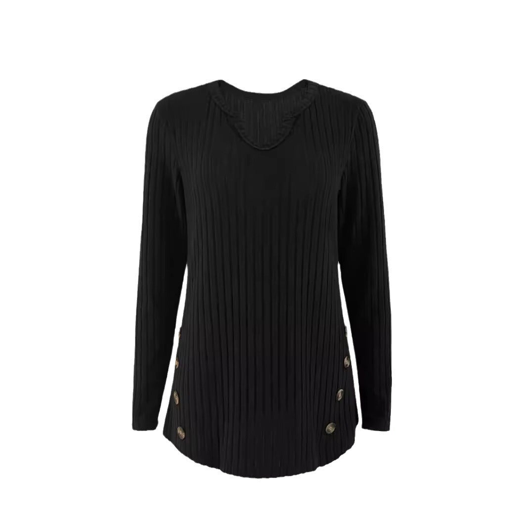 Damen Gerippter Feinstrickpullover mit V-Notch-Ausschnitt und seitlichen Zierknöpfen Echoarchiv