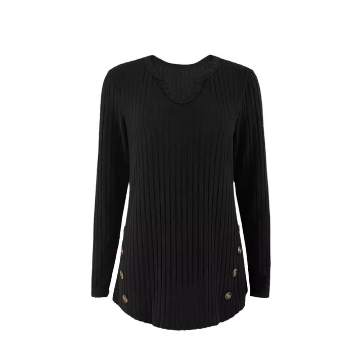 Damen Gerippter Feinstrickpullover mit V-Notch-Ausschnitt und seitlichen Zierknöpfen Echoarchiv