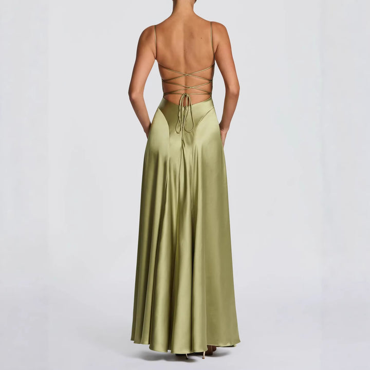 Damen Elegantes Maxi-Kleid mit fließendem Satin und verführerischem Spaghettiträger Echo Archiv