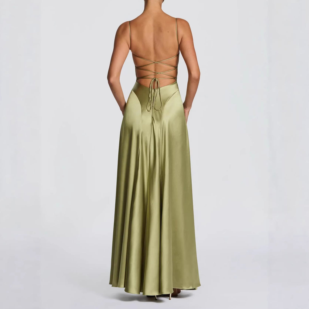 Damen Elegantes Maxi-Kleid mit fließendem Satin und verführerischem Spaghettiträger Echoarchiv