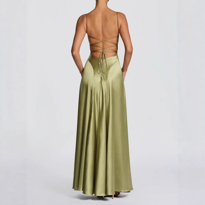 Damen Elegantes Maxi-Kleid mit fließendem Satin und verführerischem Spaghettiträger Echoarchiv