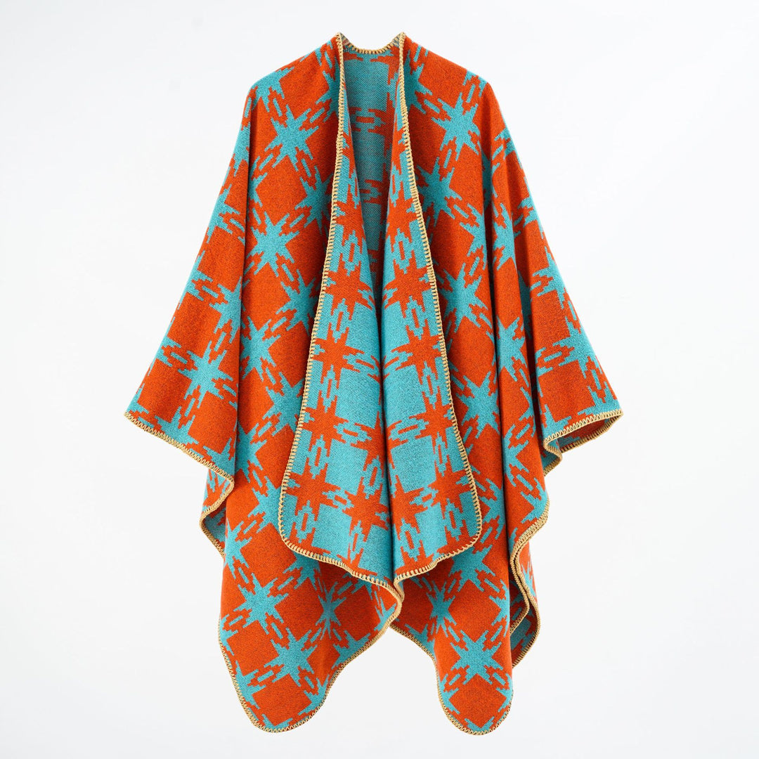 Damen Oversize-Jacquard-Cape mit Sternmotiv und kontrastierter Kettelkante Echo Archiv
