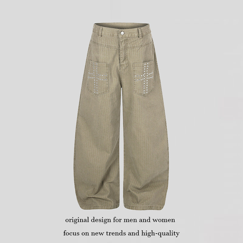 Damen Weite High‑Waist Palazzo‑Hose aus Denim mit aufgesetzten Taschen und Nietenkreuz-Detail Echoarchiv