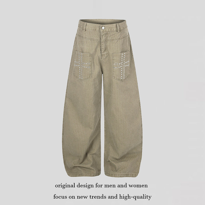 Damen Weite High‑Waist Palazzo‑Hose aus Denim mit aufgesetzten Taschen und Nietenkreuz-Detail Echoarchiv