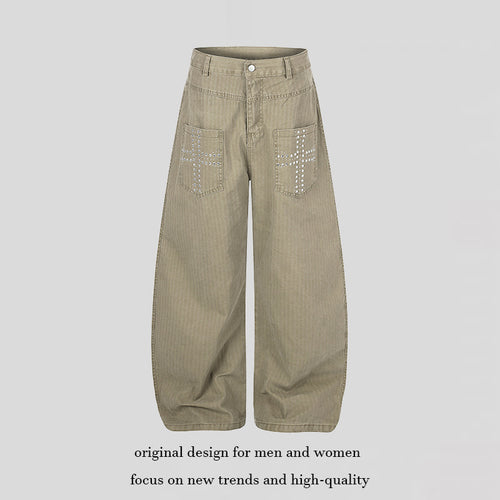 Damen Weite High‑Waist Palazzo‑Hose aus Denim mit aufgesetzten Taschen und Nietenkreuz-Detail Echoarchiv