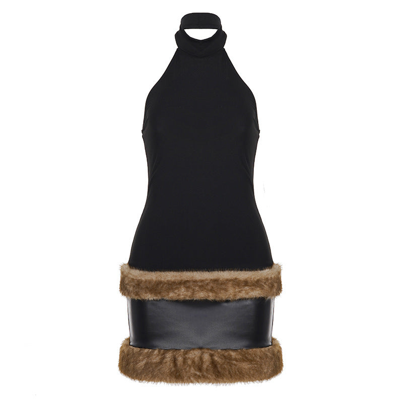 Damen modisches Halterkleid mit luxuriösem Kunstfellsaum Echo Archiv