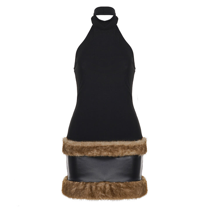 Damen modisches Halterkleid mit luxuriösem Kunstfellsaum Echo Archiv