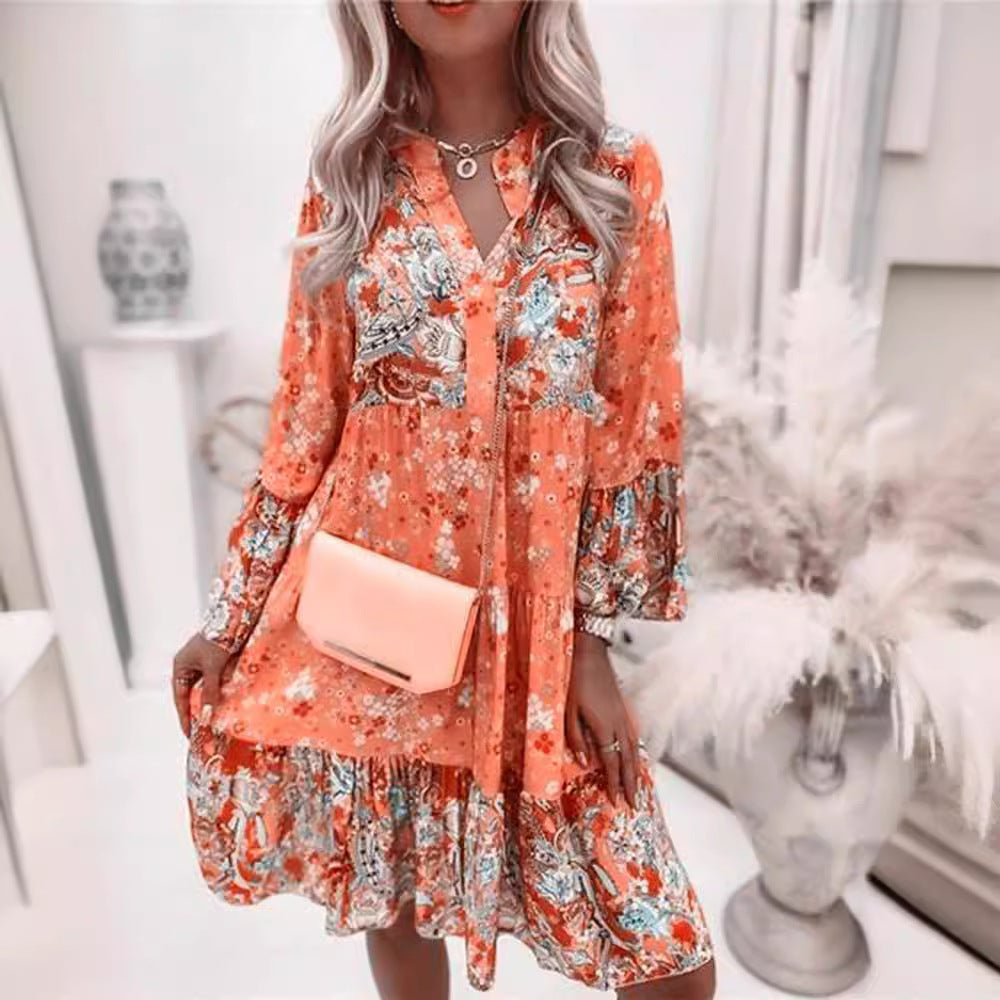 Damen nan florales Boho-Kleid mit V-Ausschnitt und Stufenrock Echo Archiv