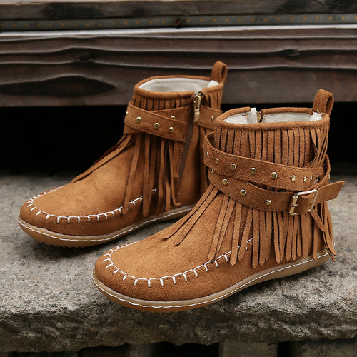 Damen Boho-Fransen-Ankleboots im Mokassinstil mit Nietenbesatz und Zierschnalle Echo Archiv