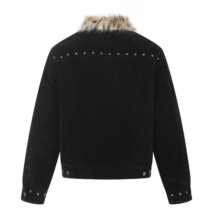 Herren Kurzjacke aus Velourslederimitat mit Kunstfellkragen und Nieten-Details Echo Archiv