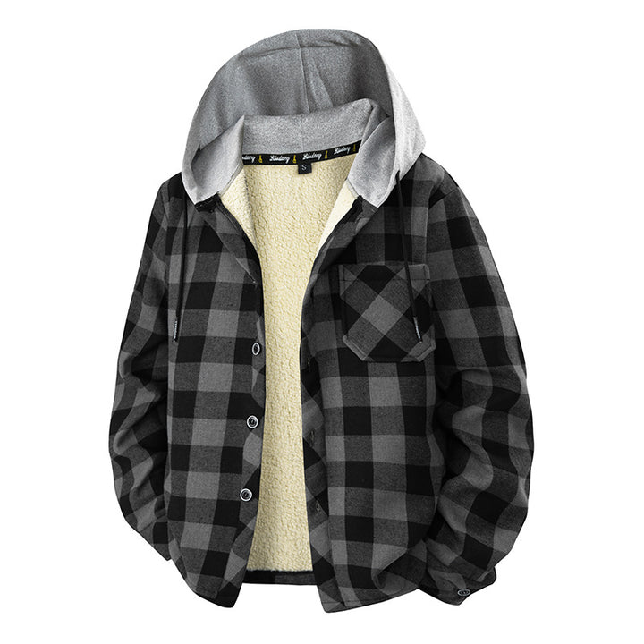 Herren kariertes Sherpa-futteriertes Overshirt mit Kapuze, Brusttasche und Druckknopfverschluss – Taviero