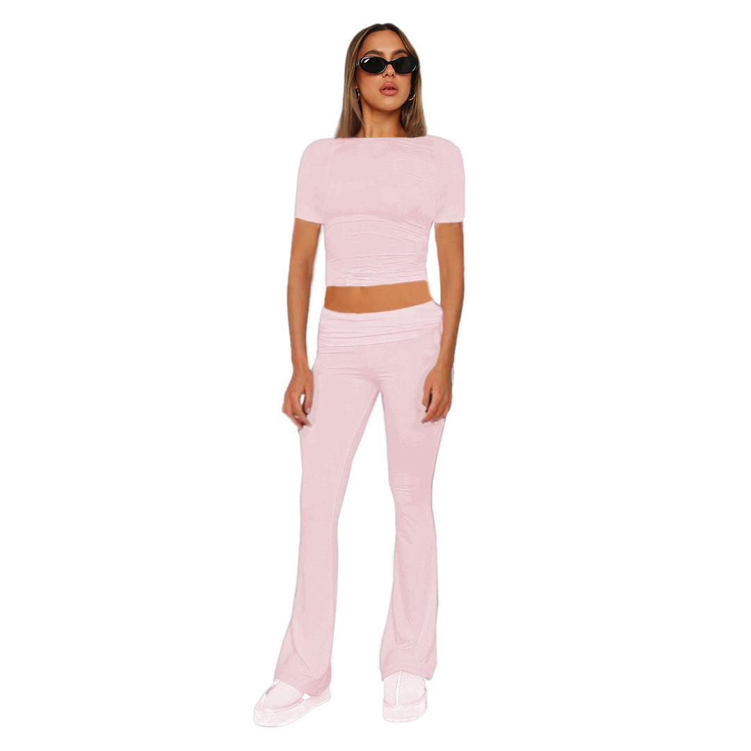 Figurbetonendes Damen-Crop-Set aus Stretch-Jersey mit hoch taillierten, ausgestellt Hosen Echoarchiv