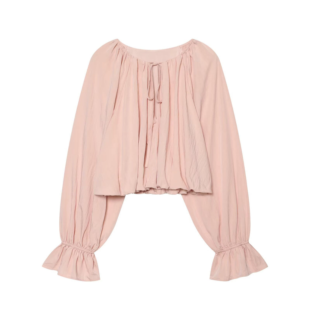 Damen Kurze Bluse im Boho‑Stil mit Tunnelzug, Volantärmeln und gerafftem Saum Echo Archiv