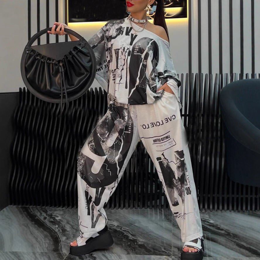 Damen nan zweiteiliges weites Satin-Freizeit-Set mit schulterfreiem Fledermaus-Top und Palazzohose Echo Archiv