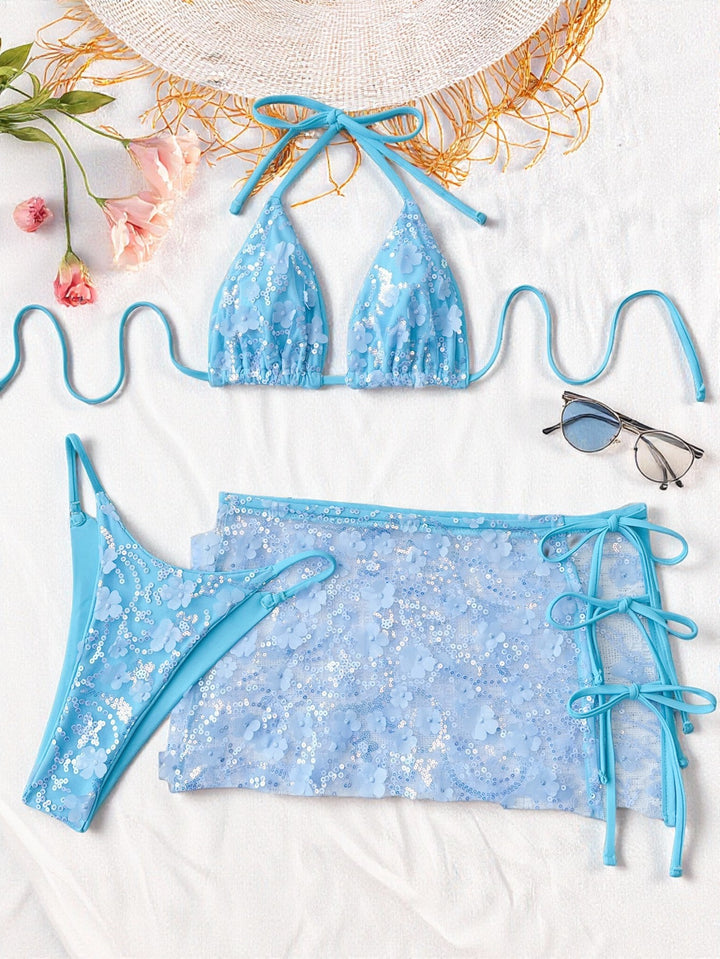 Damen Blumenmuster Triangel-Bikini mit transparentem Überrock Echo Archiv