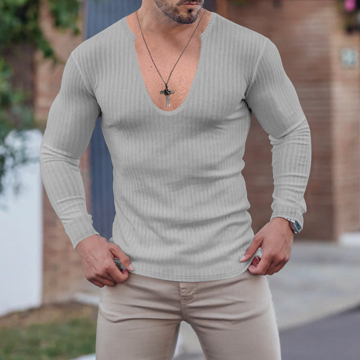 Herren langarm V-Ausschnitt Shirt mit strukturiertem Design Echoarchiv