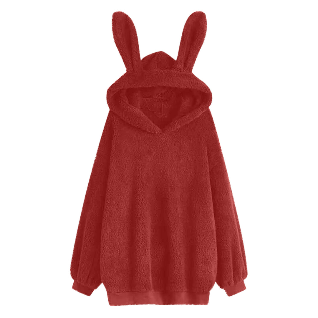 Damen flauschiger Oversize-Kapuzenpullover mit langen Hasenohren und gerippten Bündchen – Auréline