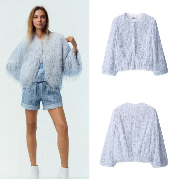 Damen Flauschige Fransenjacke mit Rundhalsausschnitt und Boxy-Schnitt Echo Archiv
