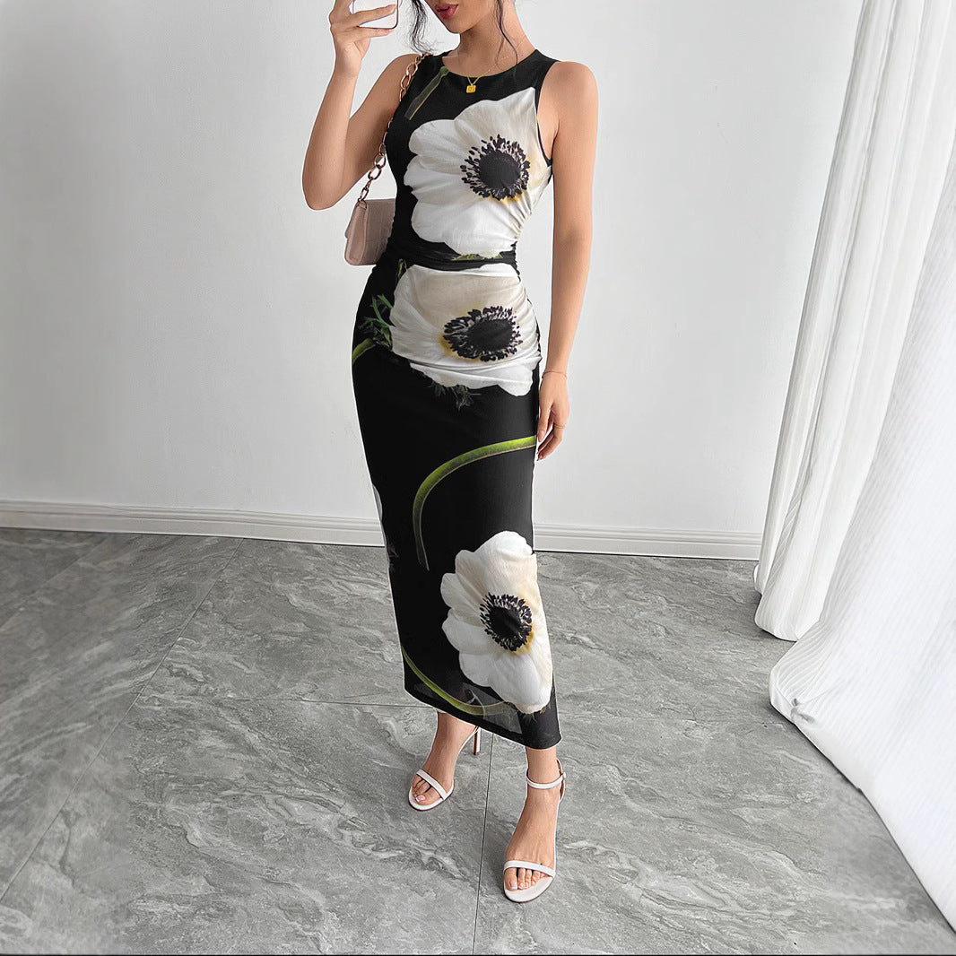Damen nan figurbetontes ärmelloses Maxikleid mit fotorealistischem Blumenprint und taillierter Silhouette Echo Archiv