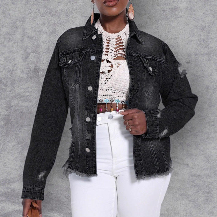 Damen Distressed Denimjacke mit ausgefranstem Saum und Relaxed-Fit Echo Archiv