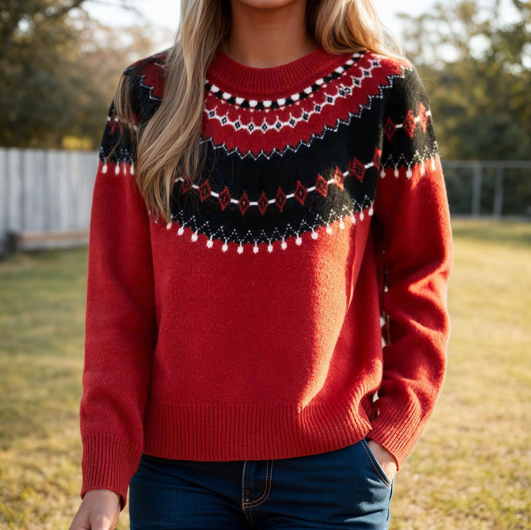 Damen nan Norweger-Pullover mit Rundhalsausschnitt, Jacquard-Yoke und weichem Feinstrick Echo Archiv