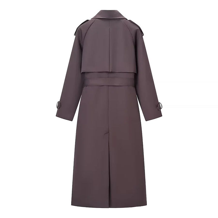 Damen langer Doppelreiher-Trenchcoat mit Taillengürtel, Epauletten und Sturmklappe – Montévia