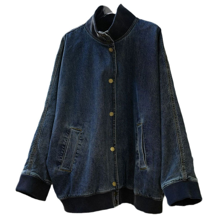 Damen Oversized Jeans-Bomberjacke mit Rippkragen und Druckknopffront Echoarchiv