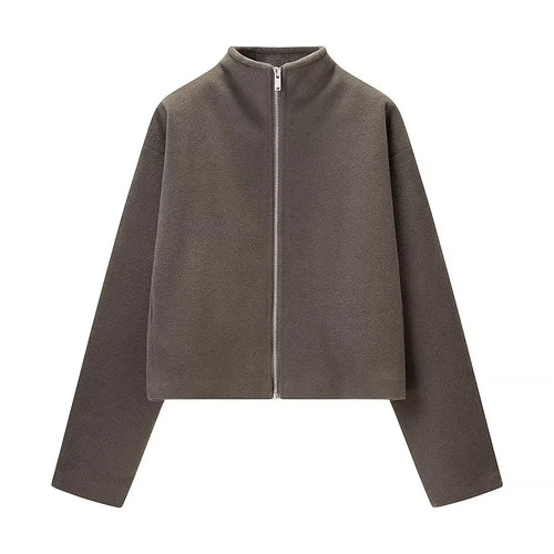 Damen kastiger Zip‑Up Fleece‑Cardigan mit Stehkragen und cleanem Minimaldesign – Célinea