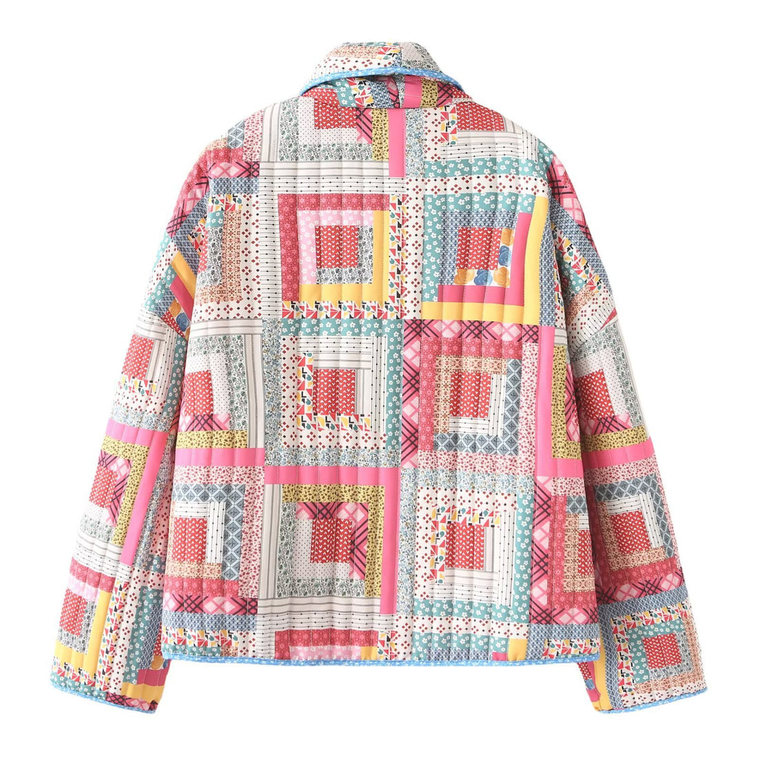 Damen gesteppte Patchwork-Kimonojacke mit glänzendem Satinfutter und weitem Schalkragen – Célinea