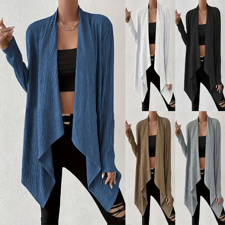 Damen Offener Crinkle-Cardigan mit Wasserfall-Saum und Longline-Silhouette – Veloura