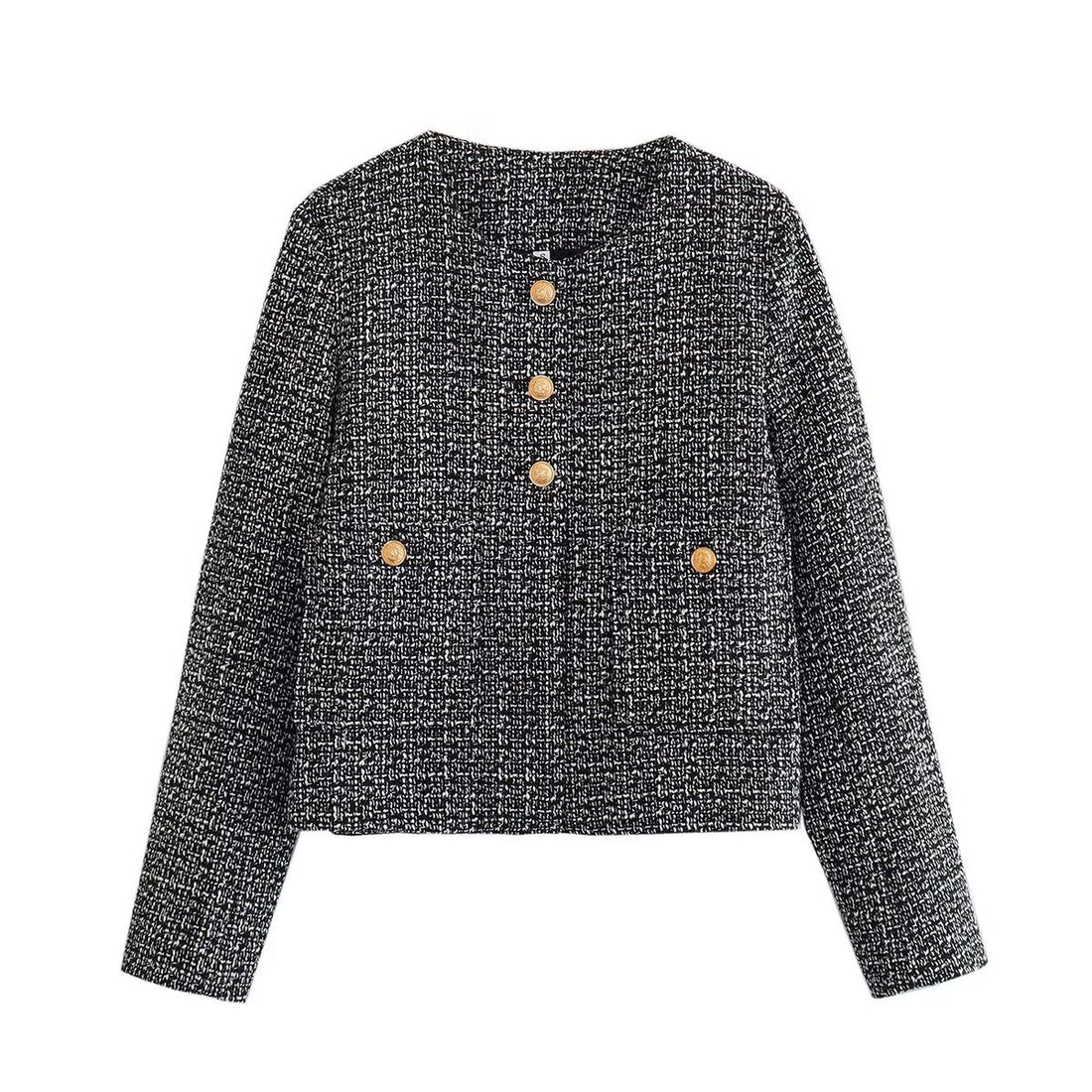 Damen kurz geschnittene Tweedjacke mit Boucléstruktur, rundem Ausschnitt und dekorativen goldknöpfen – Célinea