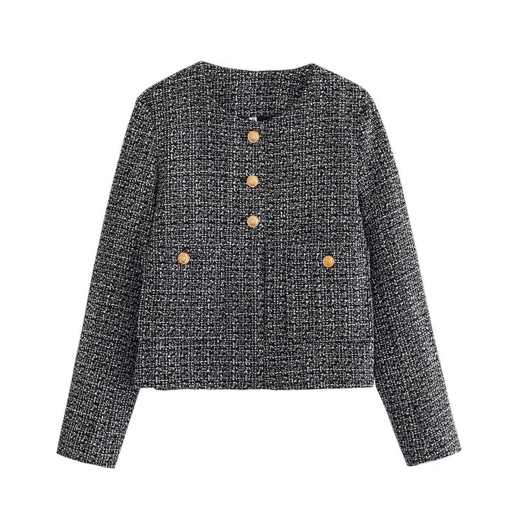 Damen kurz geschnittene Tweedjacke mit Boucléstruktur, rundem Ausschnitt und dekorativen goldknöpfen – Célinea