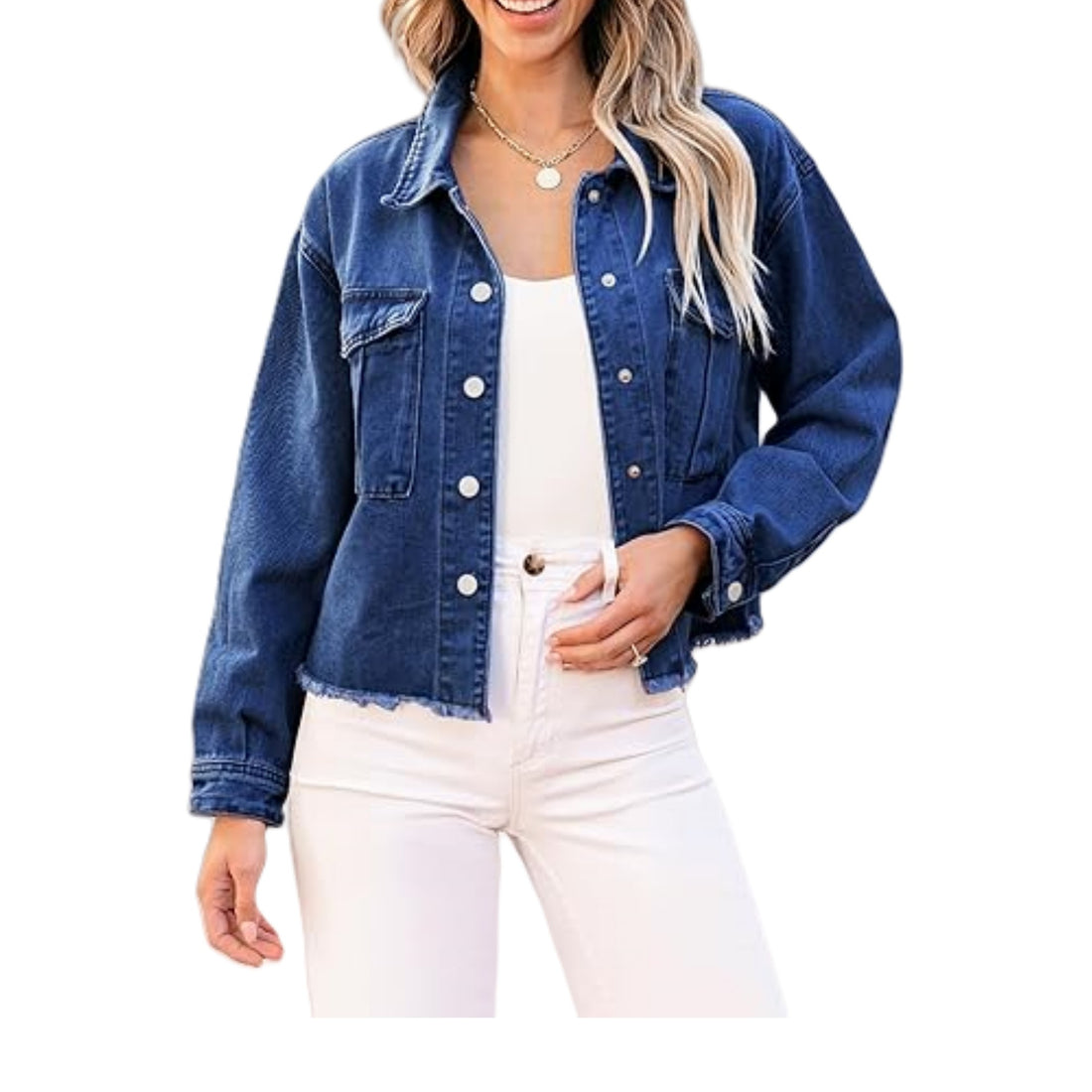 Damen Cropped Denimjacke mit Fransenabschluss und aufgesetzten Brusttaschen Echo Archiv
