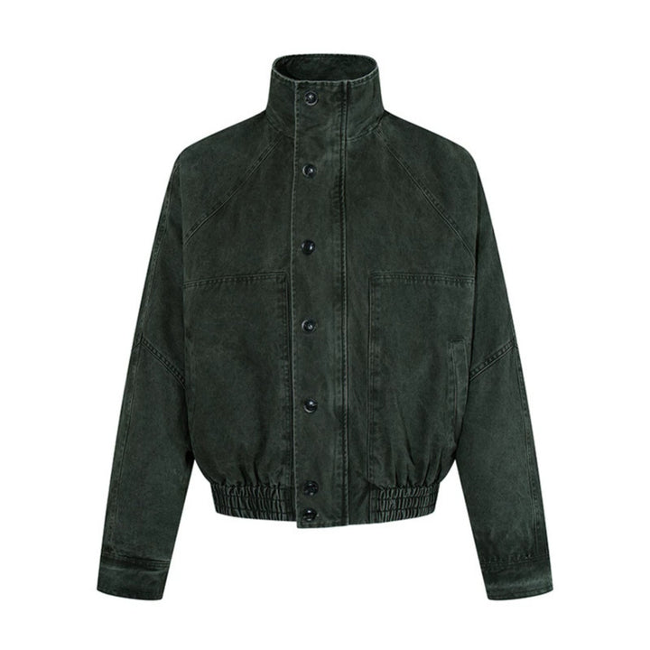 Damen kurze Oversize-Bomberjacke mit Stehkragen, Knopfleiste und elastischem Saum Echoarchiv