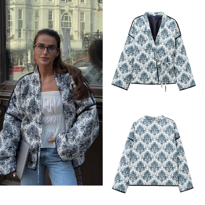 Damen gewattete Kimono-Jacke mit Taillengürtel und ornamentalem Print Echo Archiv