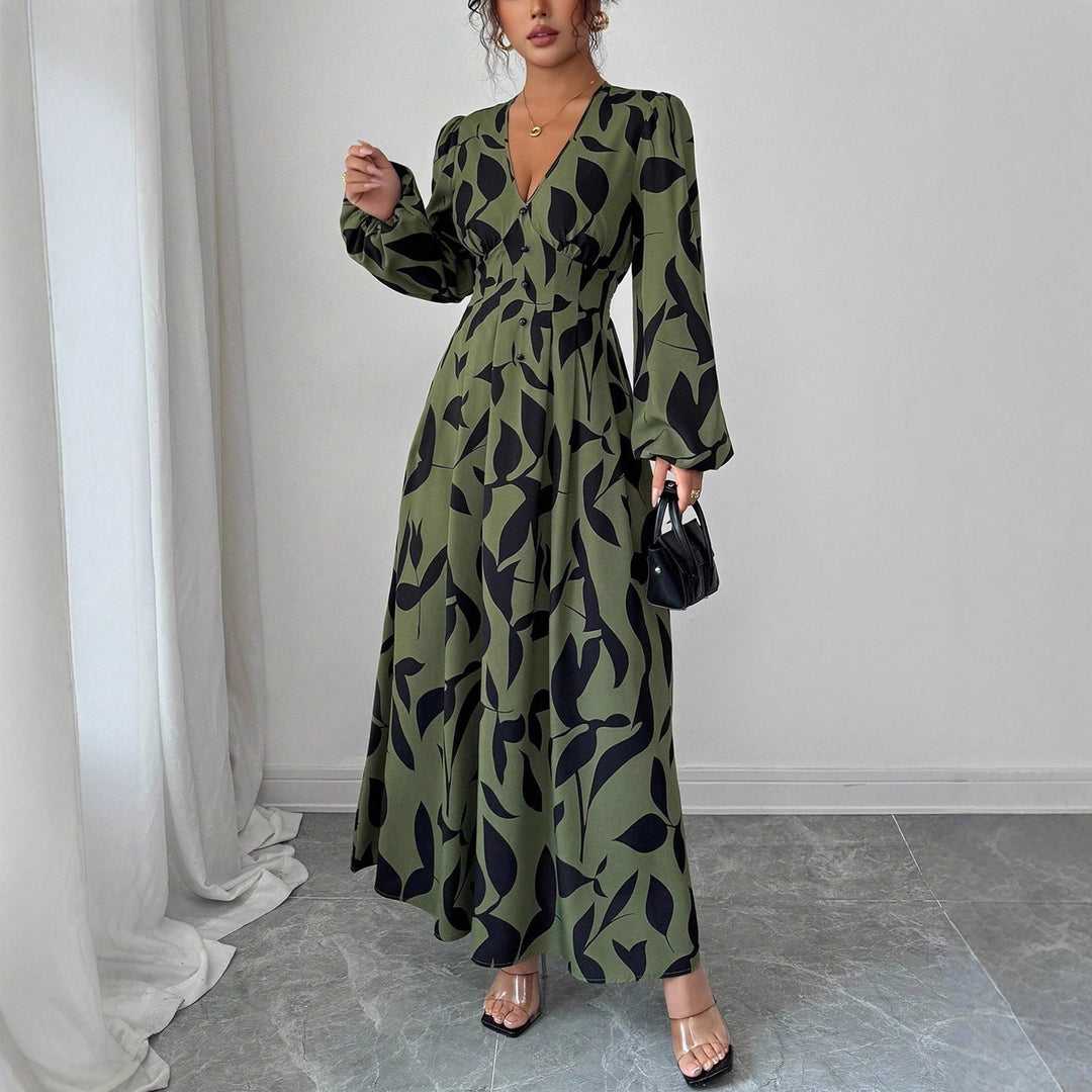 Damen Maxikleid mit taillierter Knopfleiste, V‑Ausschnitt und Ballonärmeln – Avérine